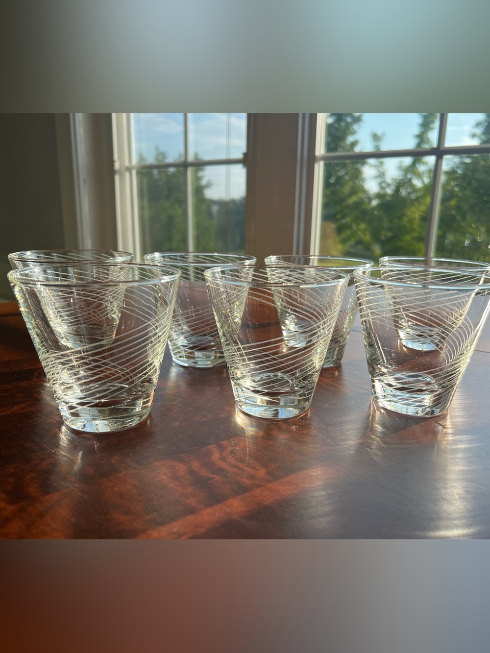 Atomic MCM Mid Century Modern Vintage Clear Swirl Glass LowBall Tumbler Set of 7